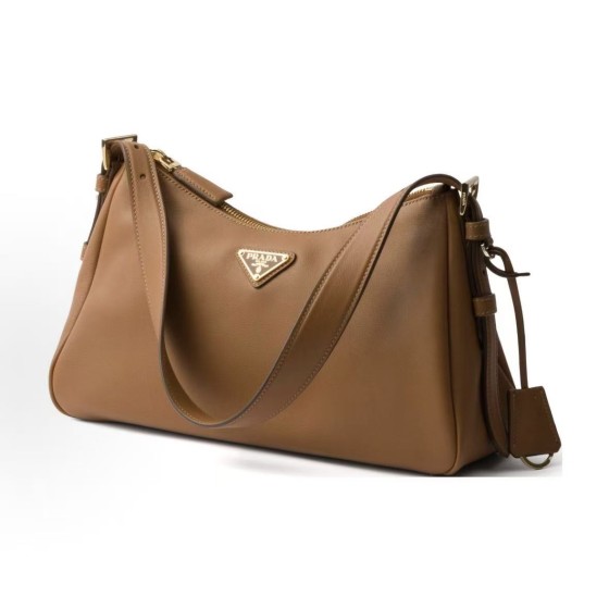 PRADA Aimee enamel metal triangular logo zipper opening and closing hand-held shoulder bag, medium-sized women\'s caramel brown